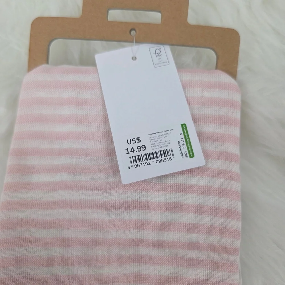 Pink, Gray and White Striped Scarf with frayed Hem